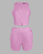 2 Pieces Outfit Button Decor Sleeveless Hollow-out Front Zipper Back Crop Top and Casual Elastic Back Waist Tie Side Shorts Set
