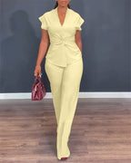 Women's 2 Piece Outfits V Neck Twist Front Slit Top and High Waisted Straight Leg Pants Set Commute Business Casual Suit