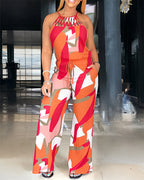 Women's Geometric Print Halter Tie Jumpsuit Criss Cross Neck Hollow Out Wide Leg Romper High Waist Drawstring Jumpsuit