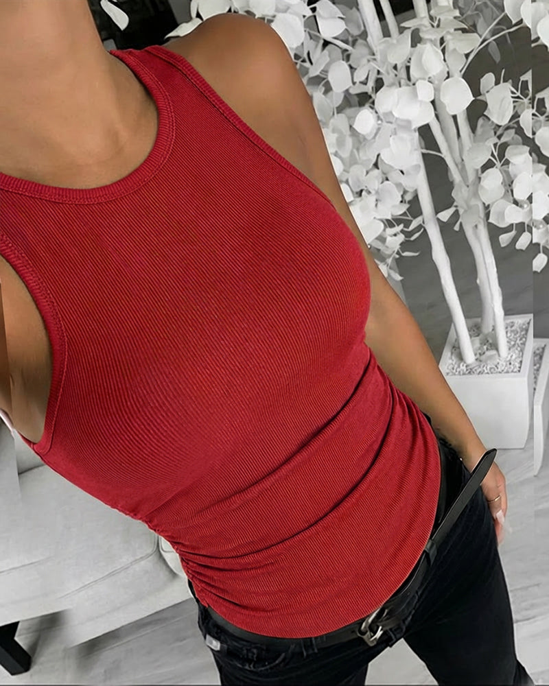 Round Neck Sleeveless Side Ruched Tank Slim Fit Ribbed Racerback Tank Top