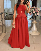 Halter Sleeveless Tied Detail Shirred Criss Cross Flared Dress Glamorous Evening Dress