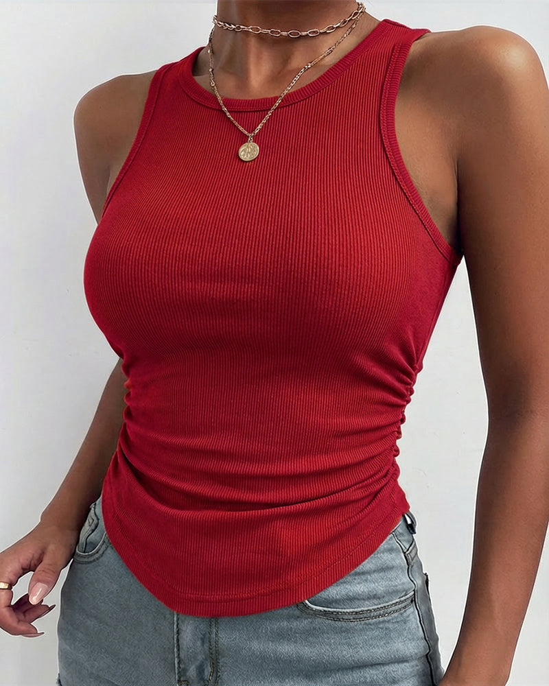 Round Neck Sleeveless Side Ruched Tank Slim Fit Ribbed Racerback Tank Top