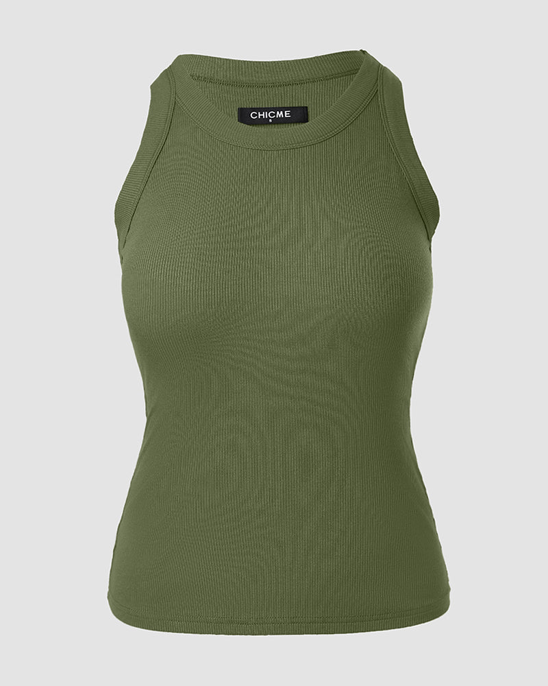 Built-in Bra Ribbed Round Neck Tank Top