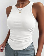 Round Neck Sleeveless Side Ruched Tank Slim Fit Ribbed Racerback Tank Top