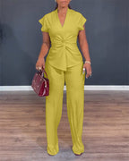 Women's 2 Piece Outfits V Neck Twist Front Slit Top and High Waisted Straight Leg Pants Set Commute Business Casual Suit