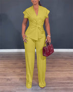 Women's 2 Piece Outfits V Neck Twist Front Slit Top and High Waisted Straight Leg Pants Set Commute Business Casual Suit