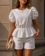 Women's 2 Piece Eyelet Embroidery Outfits Puff Sleeve Peplum Top and Shorts Set Casual Vacation Suit