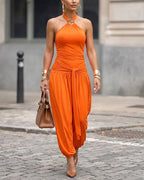 Women's Gold Decor Halter Tie Jumpsuit Sexy Backless Ruched Lantern Overalls Casual Vacation Jumpsuit