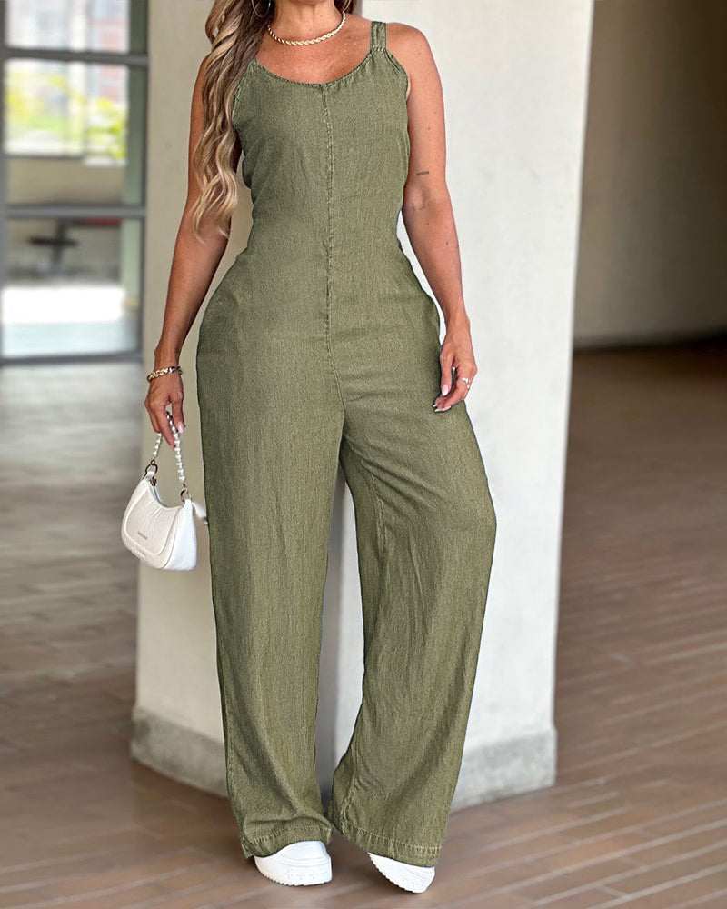 V-Neck Adjustable Thick Straps Denim Overalls Casual Shirred Back Wide Leg Suspender Jumpsuit