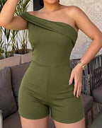 Women's Foldover One Shoulder Romper Slim Fit Sleeveless High Waist Romper