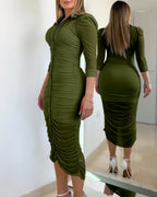 Women's 2 Piece Set Mesh Ruched Midi Dress Puff Sleeve Button Down Sheer Overlay Bodycon Dress with Camisole Slip Dress