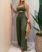 Women's Cut-out Waist Cami Jumpsuit Backless Tie-Back Lantern Romper Ruched High Waist Summer Jumpsuit