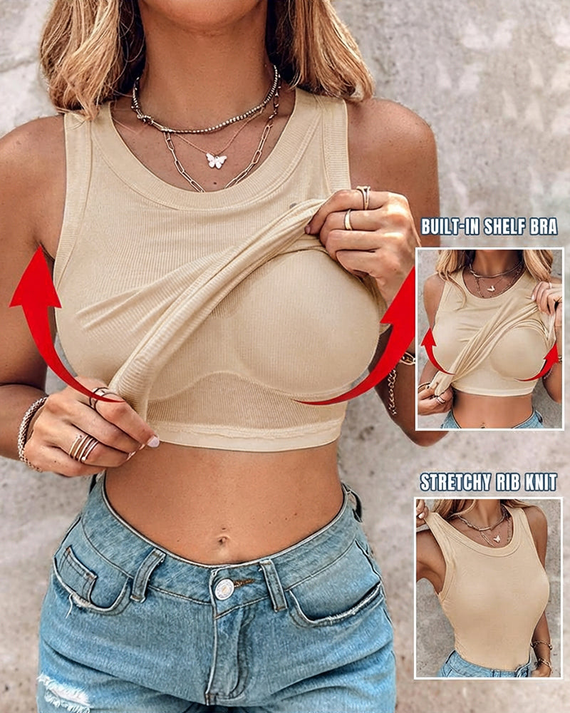 Built-in Bra Ribbed Round Neck Tank Top