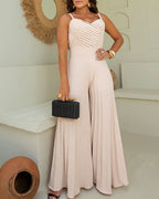 Women's Pleated Wide Leg Jumpsuit Spaghetti Strap High Waisted Shirred Backless Flared Overalls