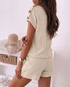 Women's Ribbed Knit 2 Piece Outfits V Neck Short Sleeve Top and Drawstring Shorts Set Casual Lounge Suits with Pockets