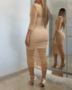 Women's 2 Piece Set Mesh Ruched Midi Dress Puff Sleeve Button Down Sheer Overlay Bodycon Dress with Camisole Slip Dress