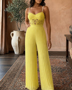Women's Two Piece Set Lace Cami Top with Stretchy Pearl Straps and High Waist Pleated Wide Leg Chiffon Pants