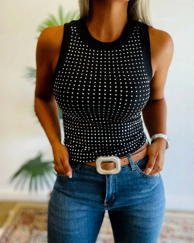 Rhinestone Decor O-neck Sleeveless Tee Slim Fit Ribbed Tank Top