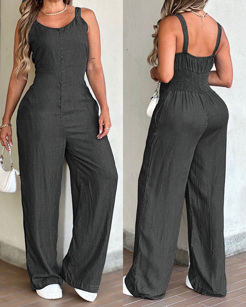 V-Neck Adjustable Thick Straps Denim Overalls Casual Shirred Back Wide Leg Suspender Jumpsuit