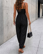 Women's Chain Decor Straps Jumpsuit Hollow Out Shirred Waist Overalls Casual Jogger Jumpsuit with Pockets