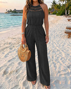 Women's Halter Tie Knit Jacquard Jumpsuit Hollow-Out Criss-Cross Front Shirred Wide-Leg Overalls