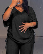 Women's Textured 2 Piece Outfits V Neck Drawstring Ruched Top and Wide Leg Pants Set Casual Loose Loungewear