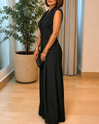 Women's Lapel V Neck Jumpsuit Cap Sleeve High Waisted Wide Leg Overalls Elegant Suit Jumpsuit