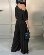 Skew Neck Batwing Sleeve High Waist Overalls Casual Short Sleeve Cinched Waist Wide Leg Jumpsuit