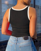 Women's Contrast Binding Camisole Rib-Knit Slim Fit Tank Top Sexy Cami with Metal Buckle Straps