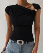 Women's Skew Neck Ruched Top Asymmetric Neckline Short Sleeve Knit Blouse with Gold Buckle Detail