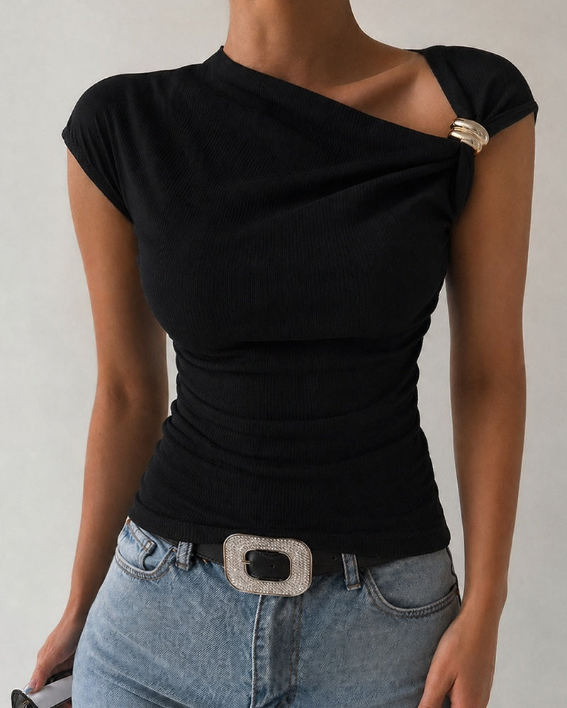 Women's Skew Neck Ruched Top Asymmetric Neckline Short Sleeve Knit Blouse with Gold Buckle Detail