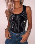 Rhinestone Decor U-Neck Sleeveless Tee Slim Fit Backless Ribbed Tank Top