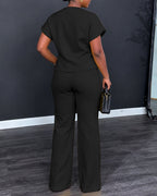 Women's 2 Piece Outfits Short Sleeve Button Down Top and Straight Leg Pants Set Casual Commuter Suits