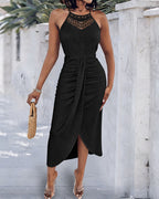 Halter Tie Criss Cross Front Ruched Knit Jacquard Textured Slit Dress Casual Hollow-out Draped Vacation Dress