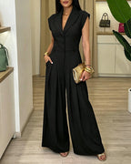 Women's Lapel V Neck Jumpsuit Cap Sleeve High Waisted Wide Leg Overalls Elegant Suit Jumpsuit