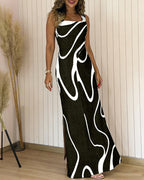 Abstract Print Square Neck Thick Strap Maxi Dress Elegant Side Slit Vacation Dress