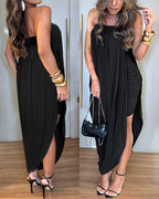 Women's Faux Two-Piece Dress Strapless Tube Dress Ruched Asymmetric Hem Dress with Detachable Clear Straps