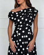 Women's Skew Neck Polka Dot Maxi Dress Ruched A-Line Swing Dress Elegant Party Cocktail Dress with Pockets