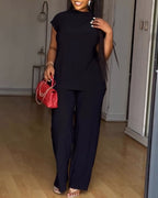 Women's 2 Piece Set Mock Neck Ruched Open Back Button Slit Top and Wide Leg Pants Casual Outfits with Pockets