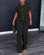Women's 2 Piece Outfits Short Sleeve Button Down Top and Straight Leg Pants Set Casual Commuter Suits