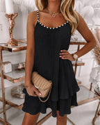 Women's Pearls Embellished Straps Mini Dress Backless Pleated Dress Casual Double Layer Lettuce Trim Cami Sun Dress