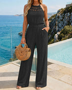 Women's Halter Tie Knit Jacquard Jumpsuit Hollow-Out Criss-Cross Front Shirred Wide-Leg Overalls