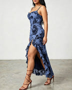 Women's Vintage Flocking Floral Maxi Dress Sexy Cowl Neck Cami Dress High Slit Backless Bodycon Evening Gown