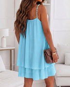 Women's Pearls Embellished Straps Mini Dress Backless Pleated Dress Casual Double Layer Lettuce Trim Cami Sun Dress