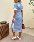 Women's Striped Colorblock Midi T-Shirt Dress Casual Crew Neck Waist-Cinching Slit Dress with Pockets