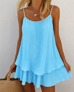 Women's Pearls Embellished Straps Mini Dress Backless Pleated Dress Casual Double Layer Lettuce Trim Cami Sun Dress