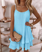 Women's Pearls Embellished Straps Mini Dress Backless Pleated Dress Casual Double Layer Lettuce Trim Cami Sun Dress