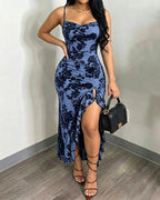 Women's Vintage Flocking Floral Maxi Dress Sexy Cowl Neck Cami Dress High Slit Backless Bodycon Evening Gown
