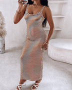 Women's Striped Ribbed Knit Maxi Dress Slim Fit Sleeveless Cami Dress Beach Vacation Sundress