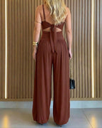 Women's Cut-out Waist Cami Jumpsuit Backless Tie-Back Lantern Romper Ruched High Waist Summer Jumpsuit